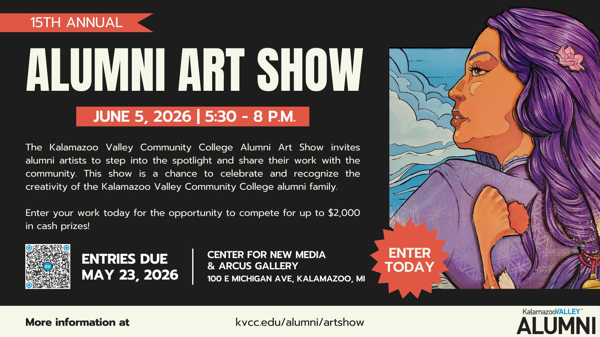 A graphic promoting the 2026 Alumni Art Show, opening June 5th from 5:30 to 8:00pm at the Center for New Media/Arcus Gallery at 100 E. Michigan Ave, Kalamazoo, MI. Entries are due May 23, and additional detail given about the show is listed below. The graphic prominently features a drawing of a woman in profile with purple hair and clothing, with a pink flower in her hair and a blue cloudy sky visible behind her.