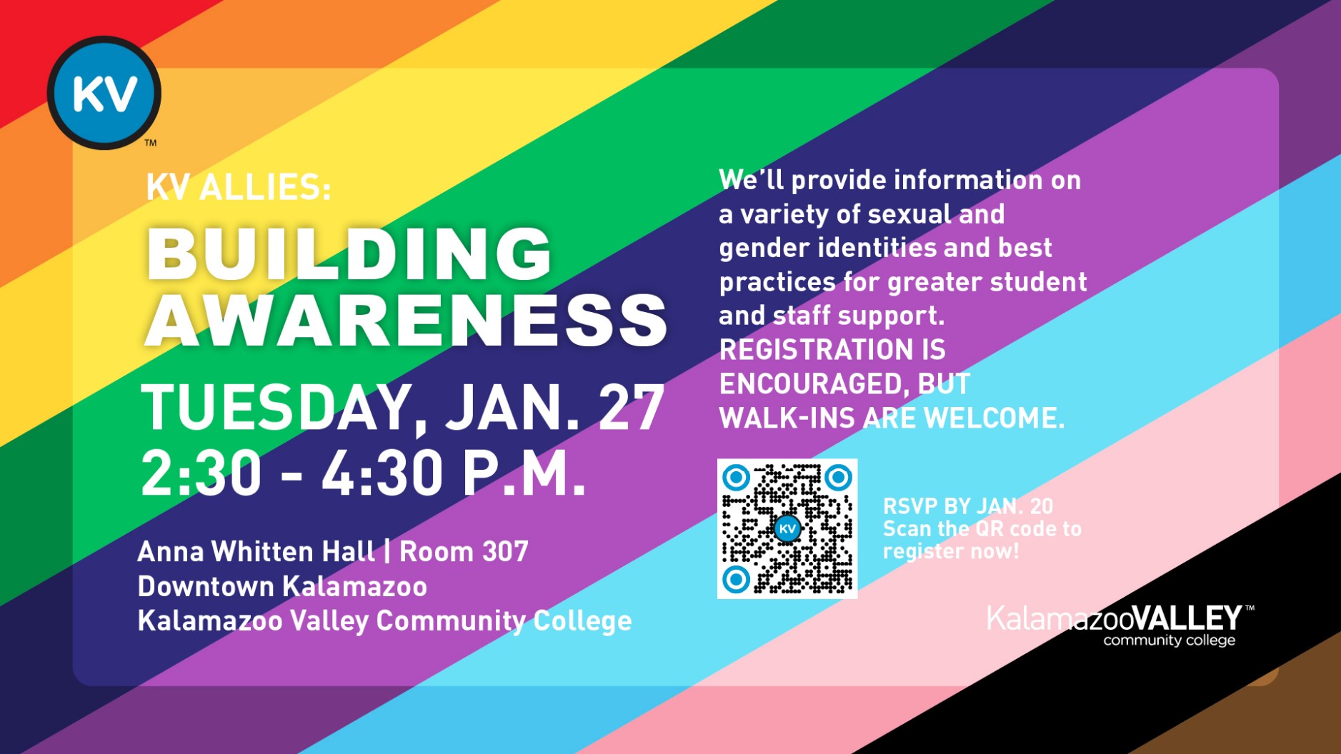  Flyer for a Kalamazoo Valley Community College KV Allies event titled ‘Building Awareness.’ The session takes place Tuesday, January 27, from 2:30 to 4:30 p.m. in Anna Whitten Hall, Room 307, Downtown Kalamazoo. The event will provide information on a variety of sexual and gender identities and best practices for supporting students and staff. Registration is encouraged, but walk-ins are welcome. RSVP by January 20 using the QR code. The flyer features a rainbow-striped background and Kalamazoo Valley Community College branding.