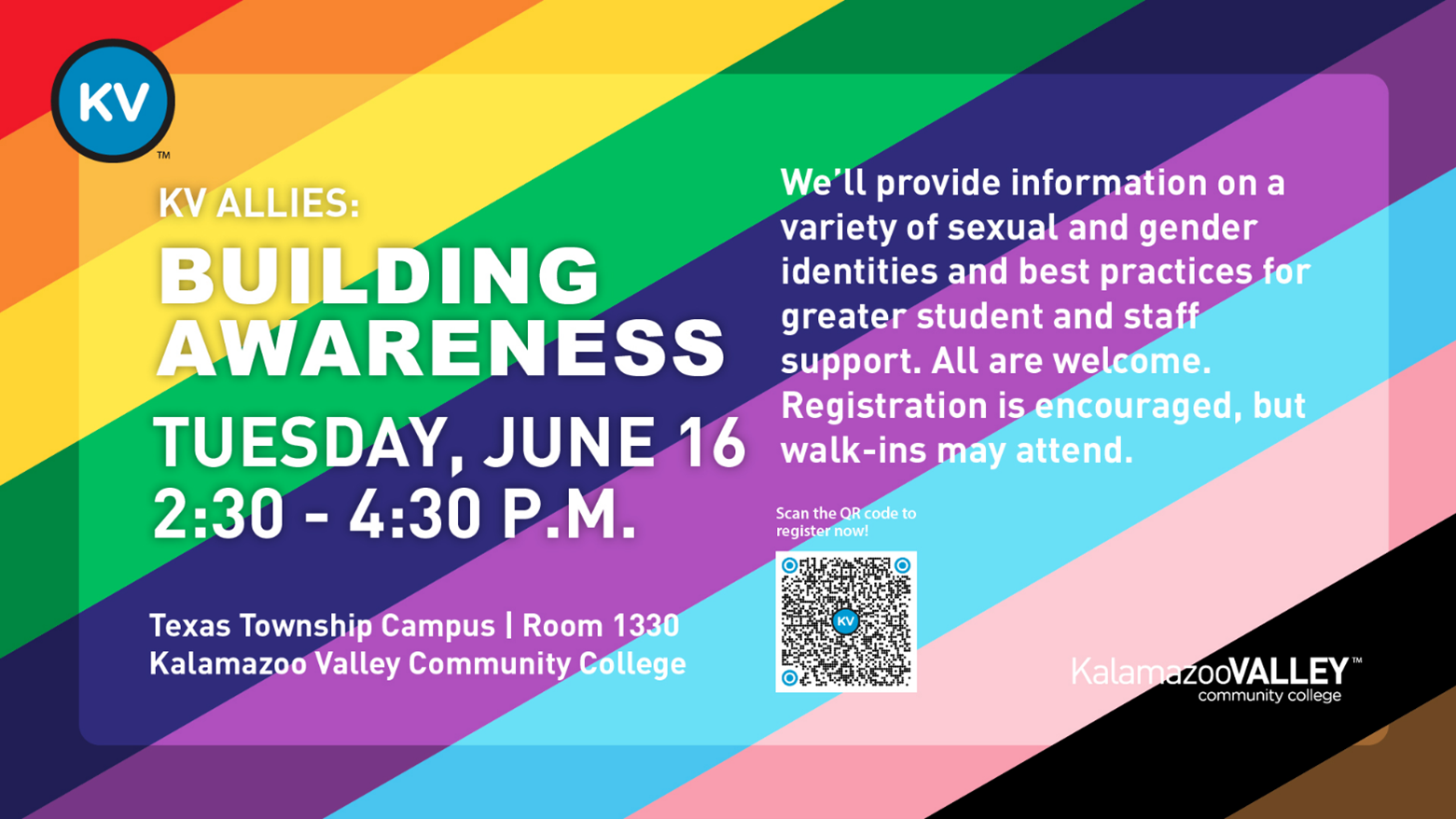An event flyer titled 'KV ALLIES: BUILDING AWARENESS' is set against a vibrant, diagonal Progress Pride flag background. The progress pride flag includes the traditional colors of the rainbow with black, brown pink, blue, and white stripes added.