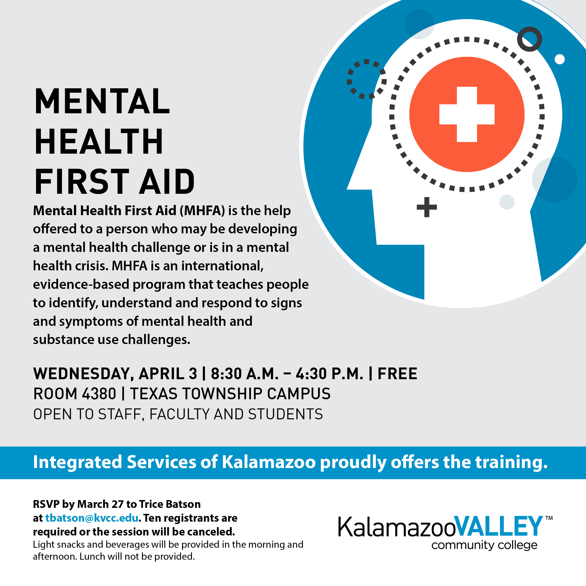A flyer titled 'Mental Health First Aid' promotes a full-day workshop on mental health first aid.
