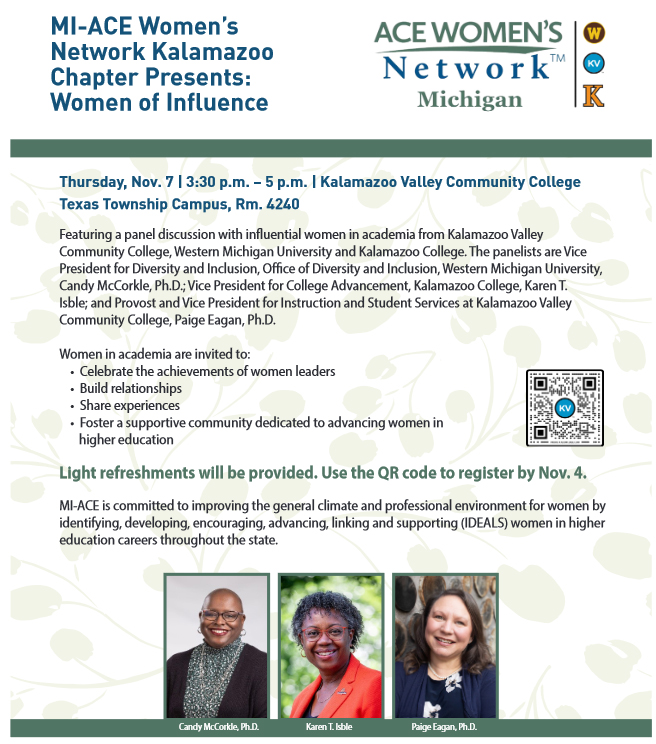 Event flyer for 'MI-ACE Women's Network Kalamazoo Chapter Presents: Women of Influence' panel discussion. The event is scheduled for Thursday, November 7, 3:30-5:00 PM at Kalamazoo Valley Community College Texas Township Campus, Room 4240. The flyer includes the MI-ACE Women's Network and ACE Women's Network Michigan logos at the top. It describes a panel discussion featuring women leaders in academia, with event details, objectives for women attendees, and a QR code for registration. Light refreshments will be provided, with registration deadline of November 4. The bottom of the flyer includes three professional headshots of the panelists: Candy McCorkle, Ph.D., Karen T. Isble, and Paige Eagan, Ph.D. The flyer also includes the organization's mission statement about improving the climate for women in higher education careers throughout Michigan.