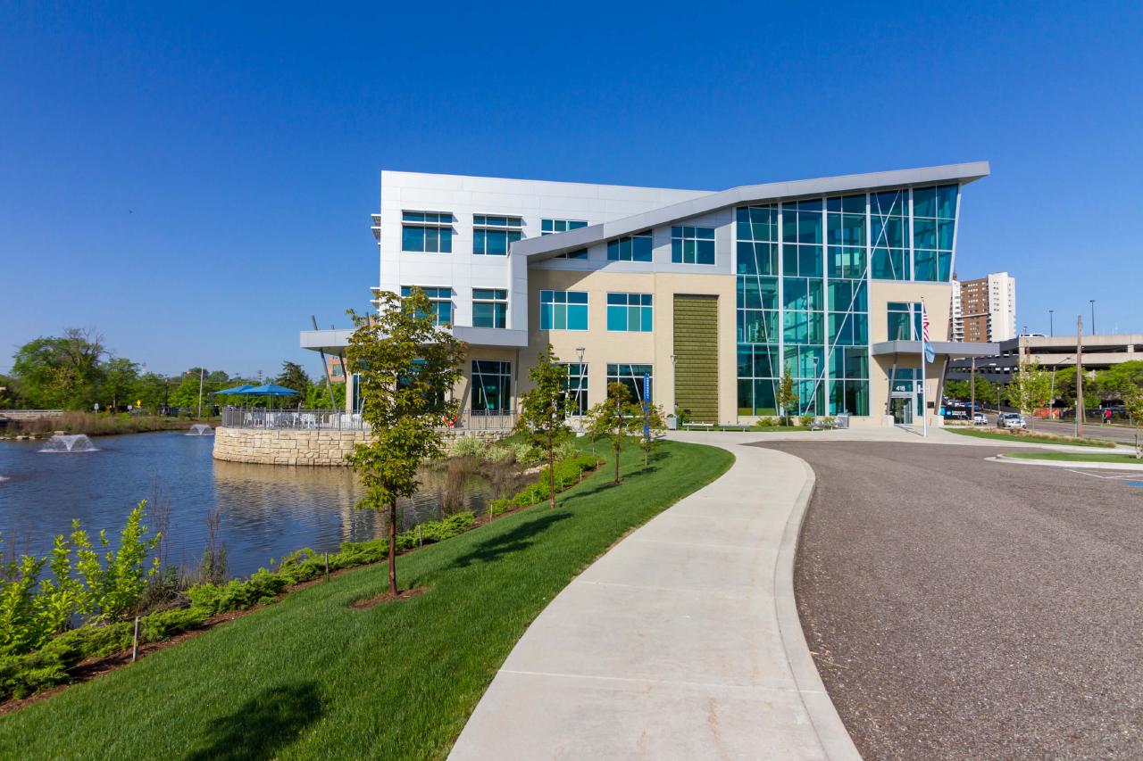 Marilyn J. Schlack Culinary and Allied Health Building main entrance and water feature exterior