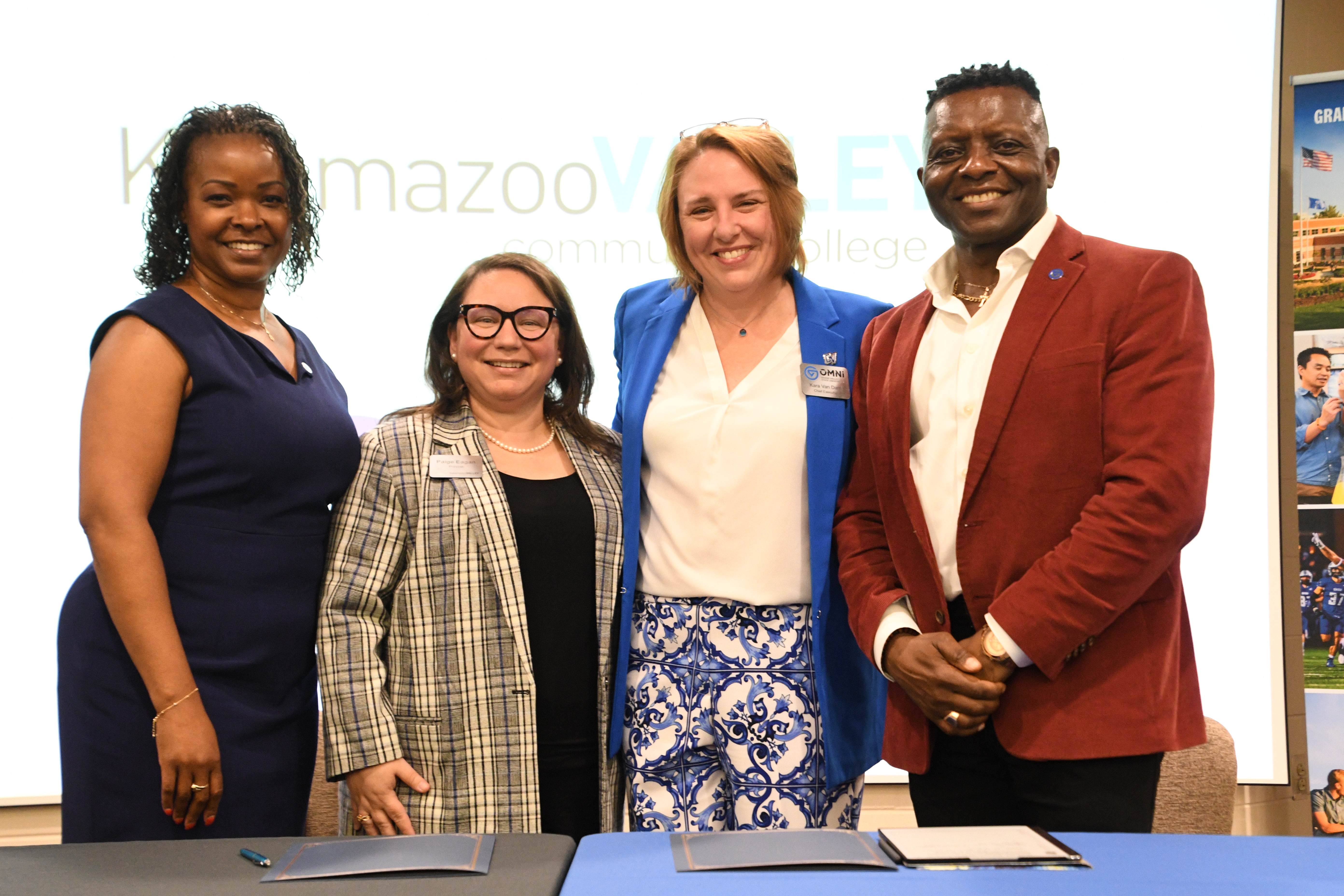 From left are Nkenge Bergan, Kalamazoo Valley associate vice president for Student Development Services; Paige Eagan, Kalamazoo Valley provost and vice president for Instruction and Student Services; Kara Van Dam, vice president and chief executive of GVSU Omni; and Felix Ngassa, GVSU assistant vice president for Academic Affairs.
