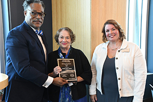 Kalamazoo Valley Community College President L. Marshall Washington, Ph.D., with Distinguished Alumni Award recipient Rose Mary Wood and Carrie Yunker from the KVCC Foundation Board of Directors.
